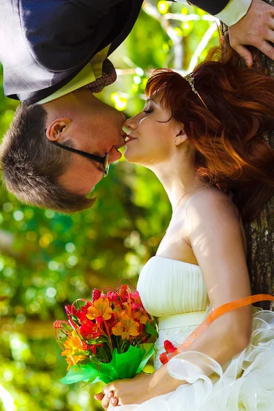 Groom hanging upside down from a tree and kisses the bride unusu — Stock Photo, Image