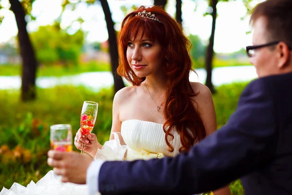 Rusya yeni evliler büyük dikey çift gelin ve damat sittin — Stok fotoğraf