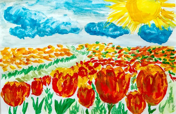 Imagen de los campos de tulipanes y el cielo azul acuarelas fondo —  Fotos de Stock