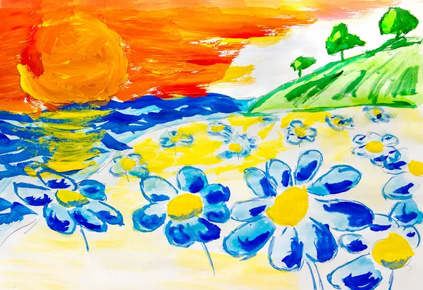 Camomile field near river a beautiful sky with sun watercolor ba — Stock Photo, Image