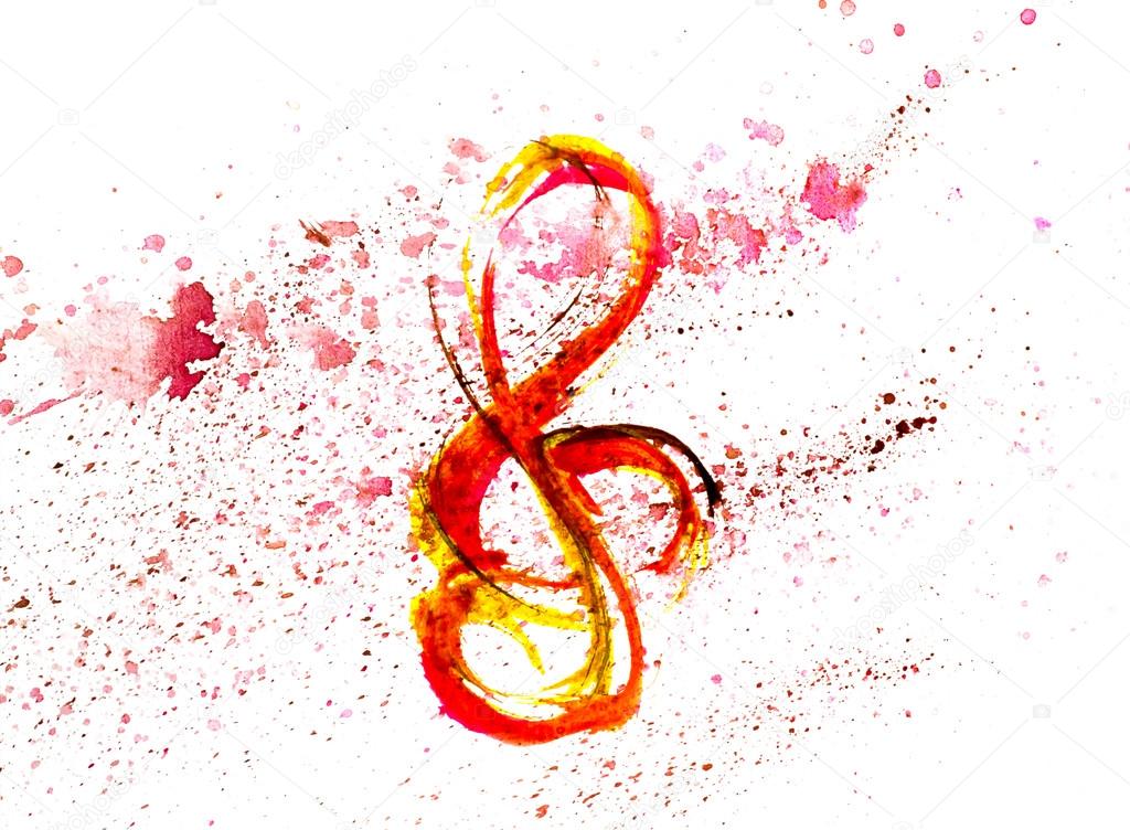 treble clef in red and yellow spot blotch watercolors isolated