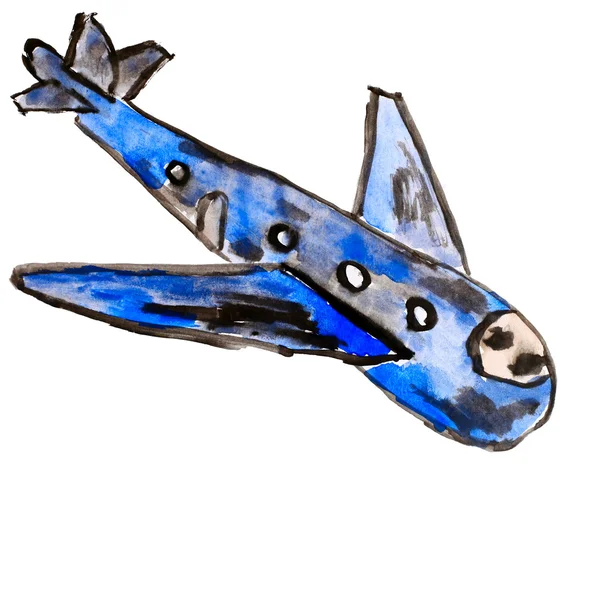 Літак синій літак акварель на білому тлі — стокове фото