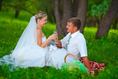 Gelin ve damadın düğünde piknik üzerinde oturan yeşil orman dr