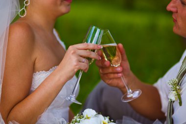 bir piknik bir orman açıklıkta güzel düğün yeni evli çift