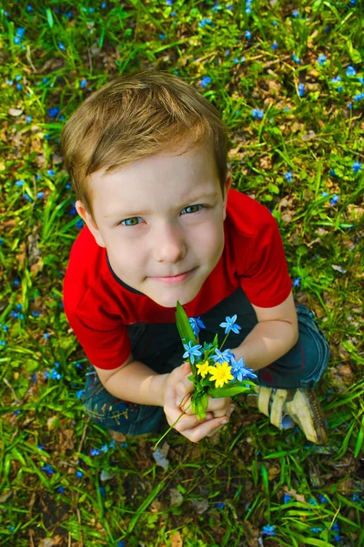 Jongen zittend op groen gras in de lente en de bloemen snowd houdt — Stockfoto