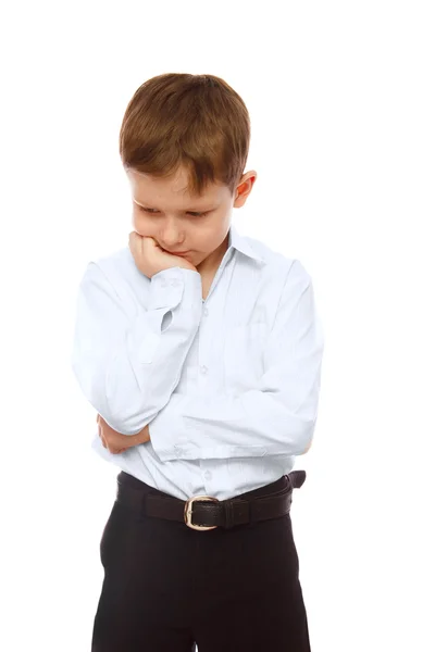 Chłopiec myśli dla biznesmena w białą koszulkę i czarne spodnie — Zdjęcie stockowe