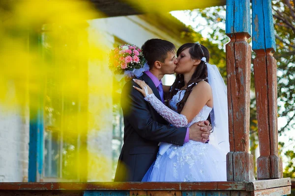 Bride and groom standing at old wooden house and kiss around yel — Stock Photo, Image