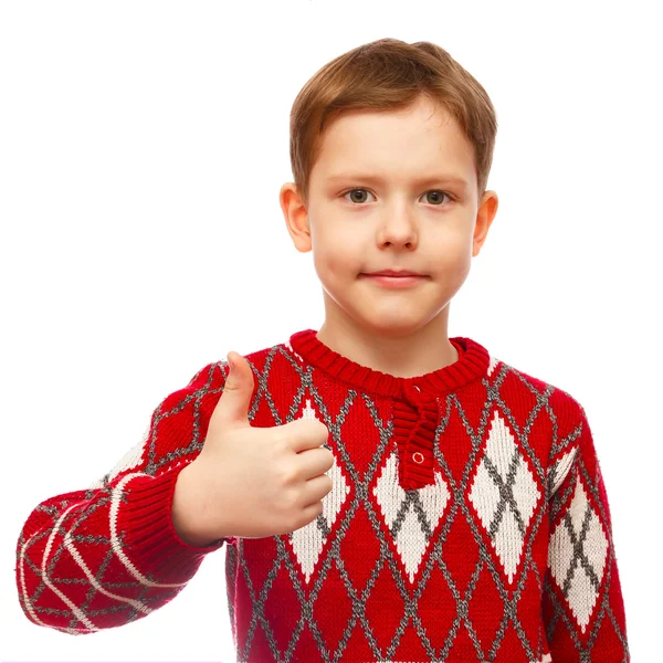 Fröhlicher blonder Junge in rotem Pullover, der den Finger isoliert hochhält — Stockfoto