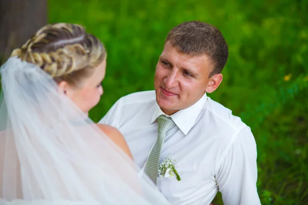 Groom a man looks at a woman bride on their wedding day on a gre — Stock Photo, Image