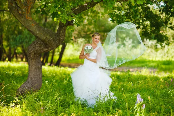 Osamělá žena v bílých šatech na svatbě nevěsta je strom — Stock fotografie