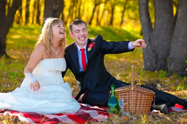 The bride and groom sit in autumn forest with a red blanket and — Stock Photo, Image