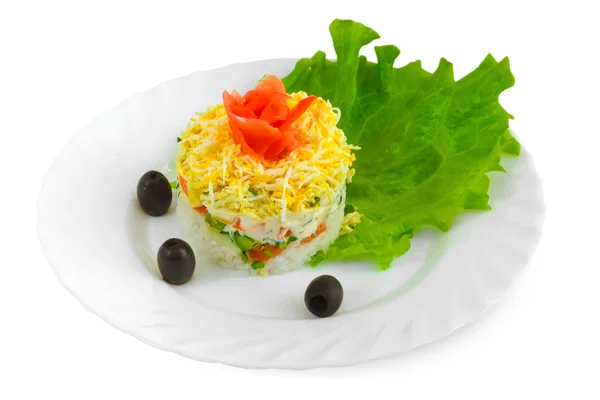 Fresh salad with olives, rice, egg cucumbers and tomatoes on whi — Stock Photo, Image