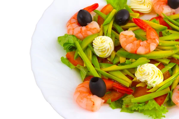 Fresh shrimp with olives and cream close up on white background — Stock Photo, Image