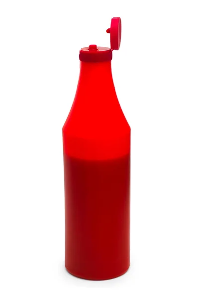 Piros üveg műanyag ketchup elszigetelt fehér — Stock Fotó