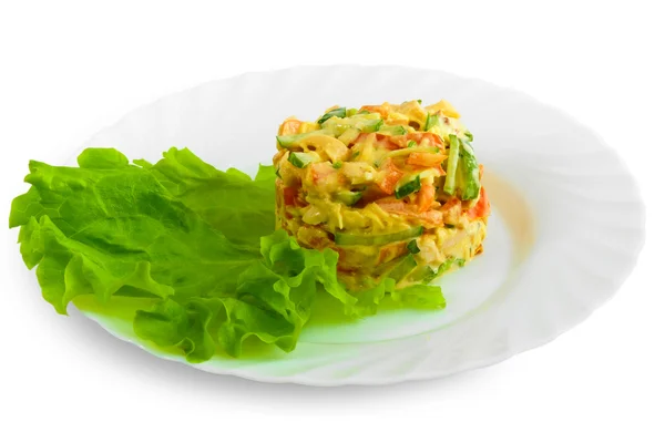 Salad of fresh cucumbers and tomatoes with chicken with fresh sp — Stock Photo, Image