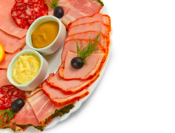 Sliced smoked ham sausage appetizer with mustard, horseradish an — Stock Photo, Image