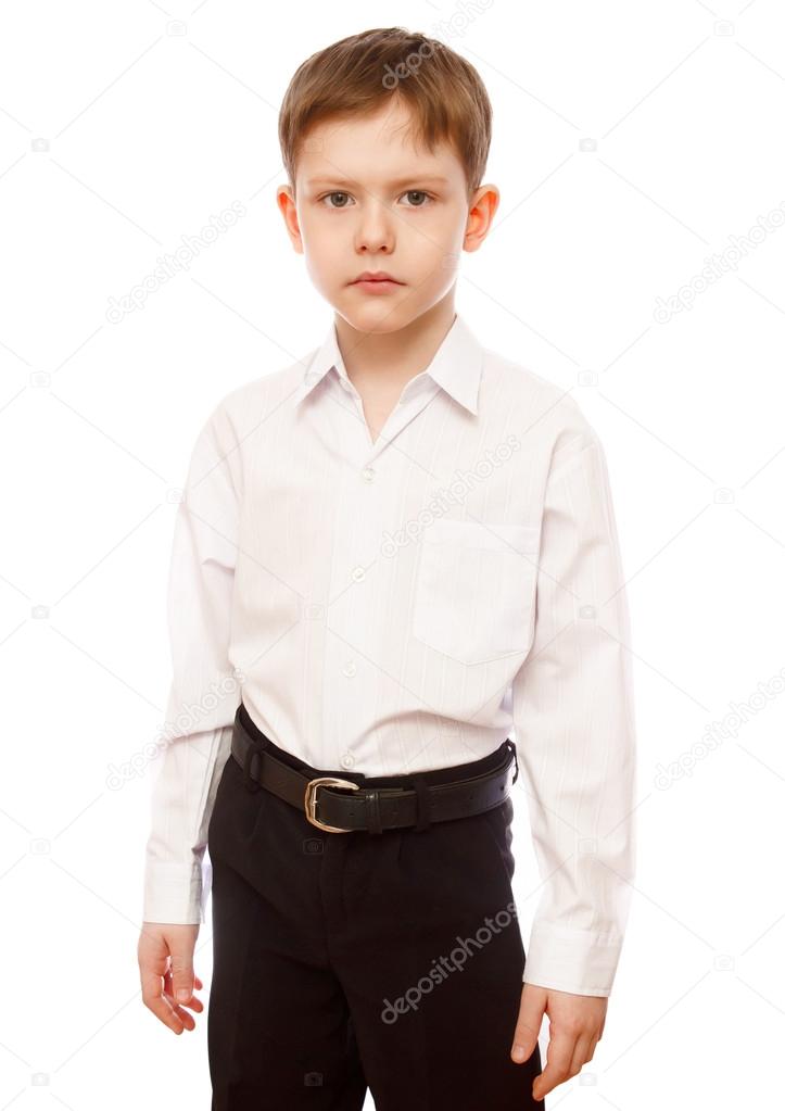 serious businessman boy 7 years with strong blond look trousers
