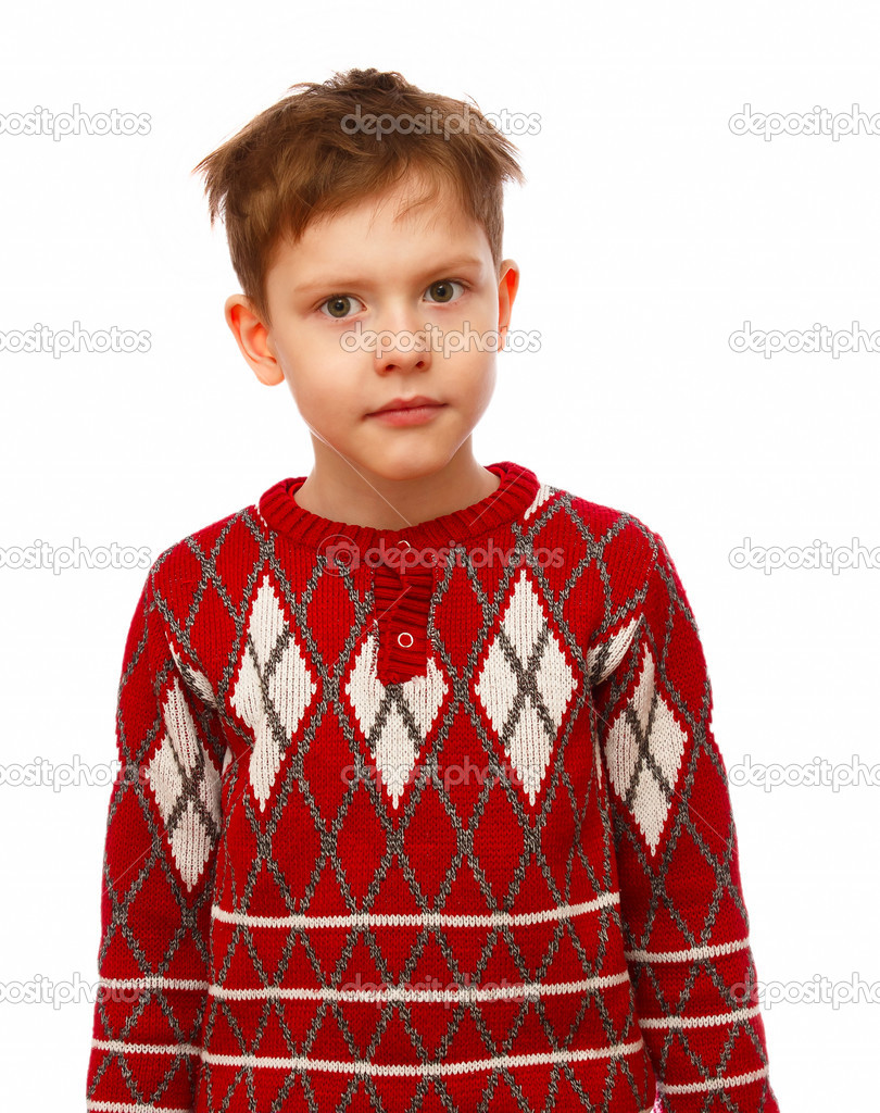 shaggy-haired boy child blond genius in a red plaid sweater isol