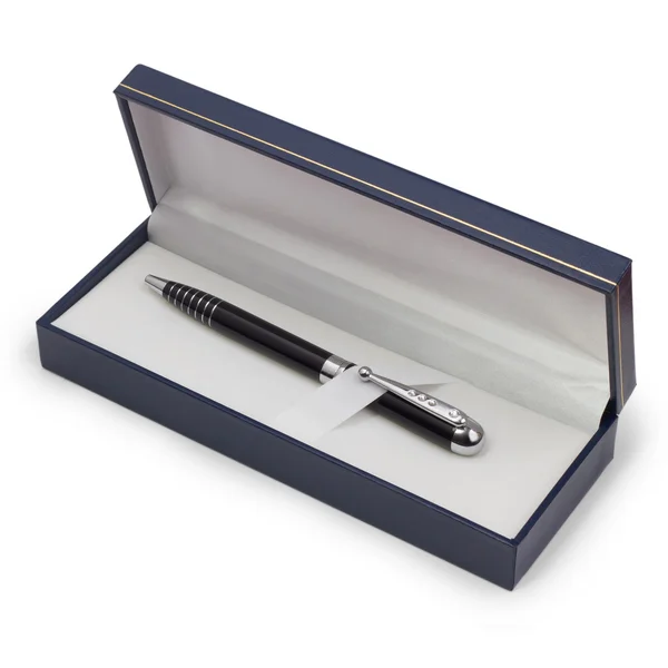 Black ballpoint pen isolated gift box — Stock Photo, Image