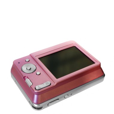 Beyaz arka plan üzerinde izole ışık mor dijital fotoğraf makinesi
