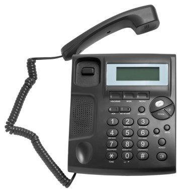 Beyaz arka plan üzerinde izole kablosu ile modern siyah telefon