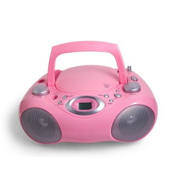 Beyaz bir arka plan üzerinde izole pembe mp3 stereo cd radyo kaydedici