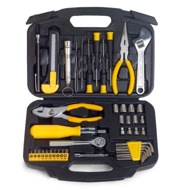 set sarı araçları kutusunun üzerinde beyaz izole