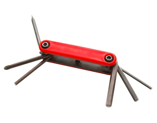 Vouwen rode schroevendraaier set van tools op witte achtergrond — Stockfoto