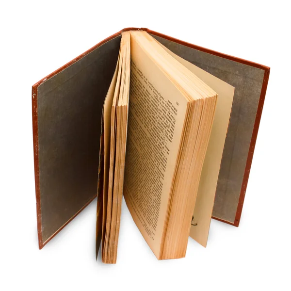 Altes aufgeschlagenes Buch steht vertikal isoliert auf weißem Hintergrund (cl — Stockfoto