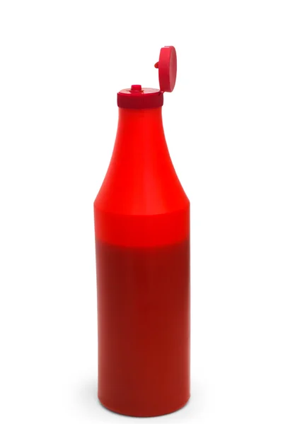 Красный кетчуп пластиковые бутылки изолированы на белом фоне — стоковое фото