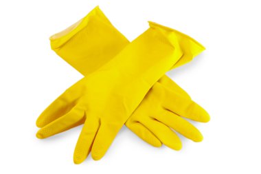 beyaz zemin üzerinde bulaşık için sarı plastik eldiven