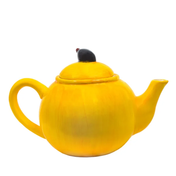 Teapot yellow ceramic kettle tea isolated (clipping path) — Stock Photo, Image