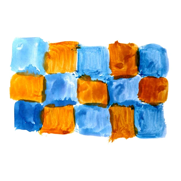 Akwarela mozaika niebieski brązowy kwadrat placu zmaza ręcznie na białym tle st — Zdjęcie stockowe