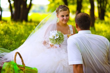portre Gelin Damat Düğün çifti üzerinde yeşil bir backgr arıyor
