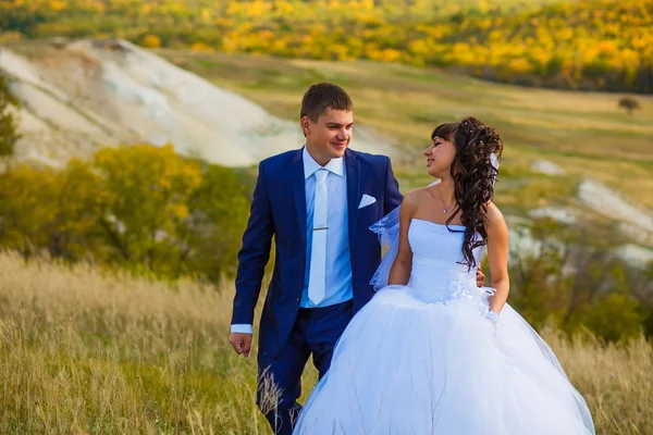 Bride and groom outdoor standing in yellow field hug, newlyweds — Stock Photo, Image