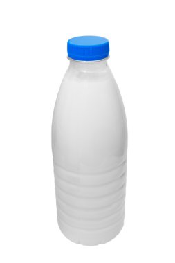 Süt mavi plastik şişe izole (kırpma yolu)