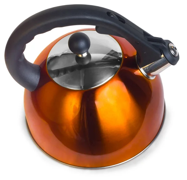 Orange iron teapot yellow kettle kitchen isolated on white backg — Stock Photo, Image