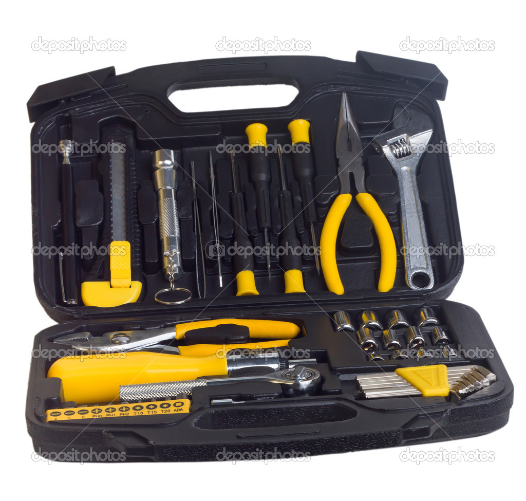 yellow set tools box isolated on white background clipping path