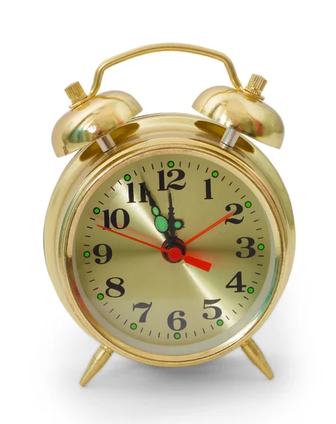 Relógio de alarme dourado clássico isolado no clipping fundo branco — Fotografia de Stock
