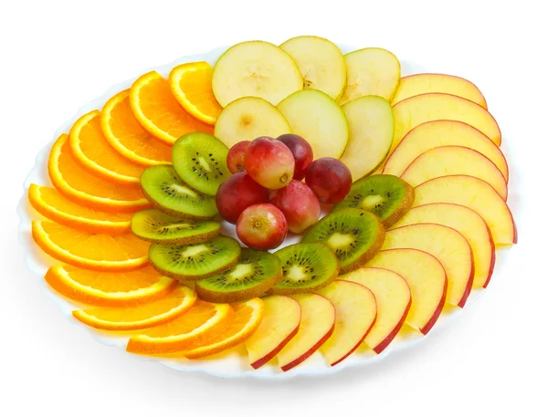 Apple kiwi grapes plate sliced isolated on white background — Stock Photo, Image