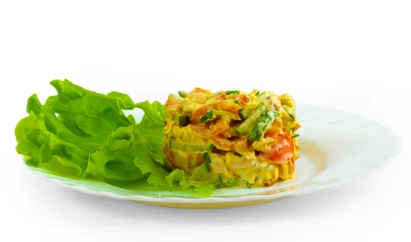 Cucumber tomato salad bowl mayonnaise isolated on a white backgr — Stock Photo, Image