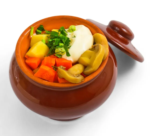 Potatoes pot mushrooms isolated carrot isolated on white backgro — Stock Photo, Image