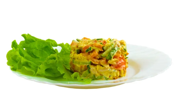 Cucumber tomato salad bowl mayonnaise isolated on a white backgr — Stock Photo, Image