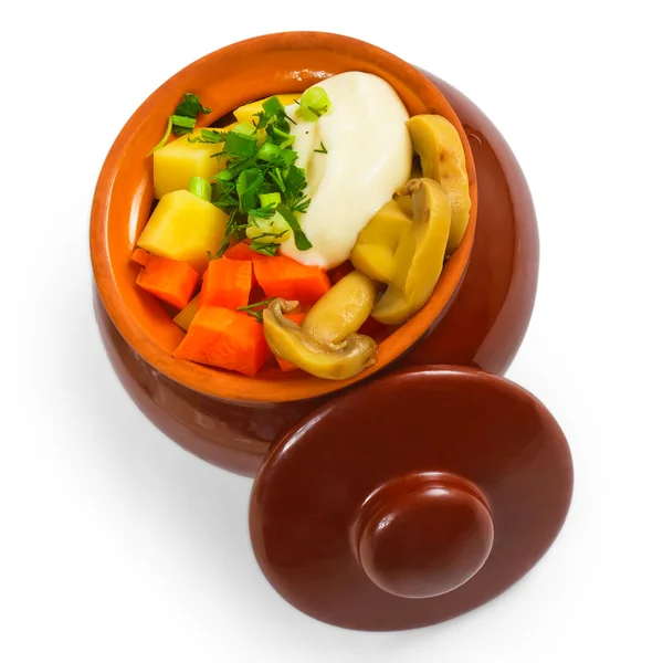 Potatoes pot and mushrooms isolated carrot isolated on white bac — Stock Photo, Image