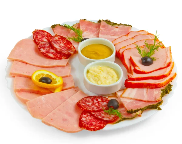 Sausage sliced ham mustard isolated plate isolated a on white ba — Stock Photo, Image