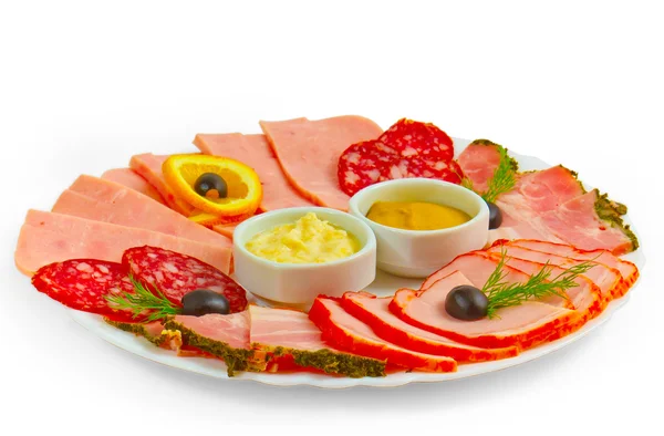 Sausage and sliced ham mustard isolated plate isolated a on whit — Stock Photo, Image