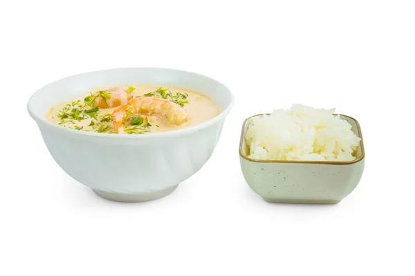 Garnélarák leves rizs lemez elszigetelt fehér background — Stock Fotó