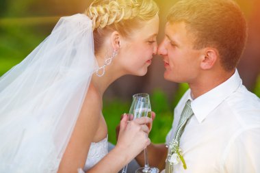 güneş ışığı gelin ve damat yeni evli evlilik çift gla tutarak