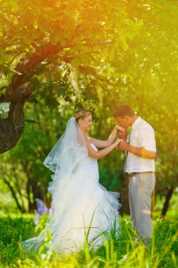 Sarı gelin, yeni evliler cou el öpmeye güneş ışığına gelin damat