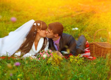 güneş ışığına gelin ve damat sonbahar bir piknik üzerinde kaç kissin vardır